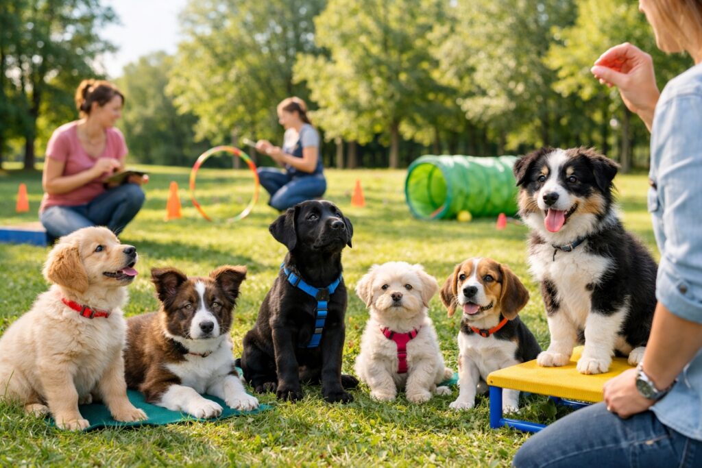 Honden op school die aandachtig letten op de docent.